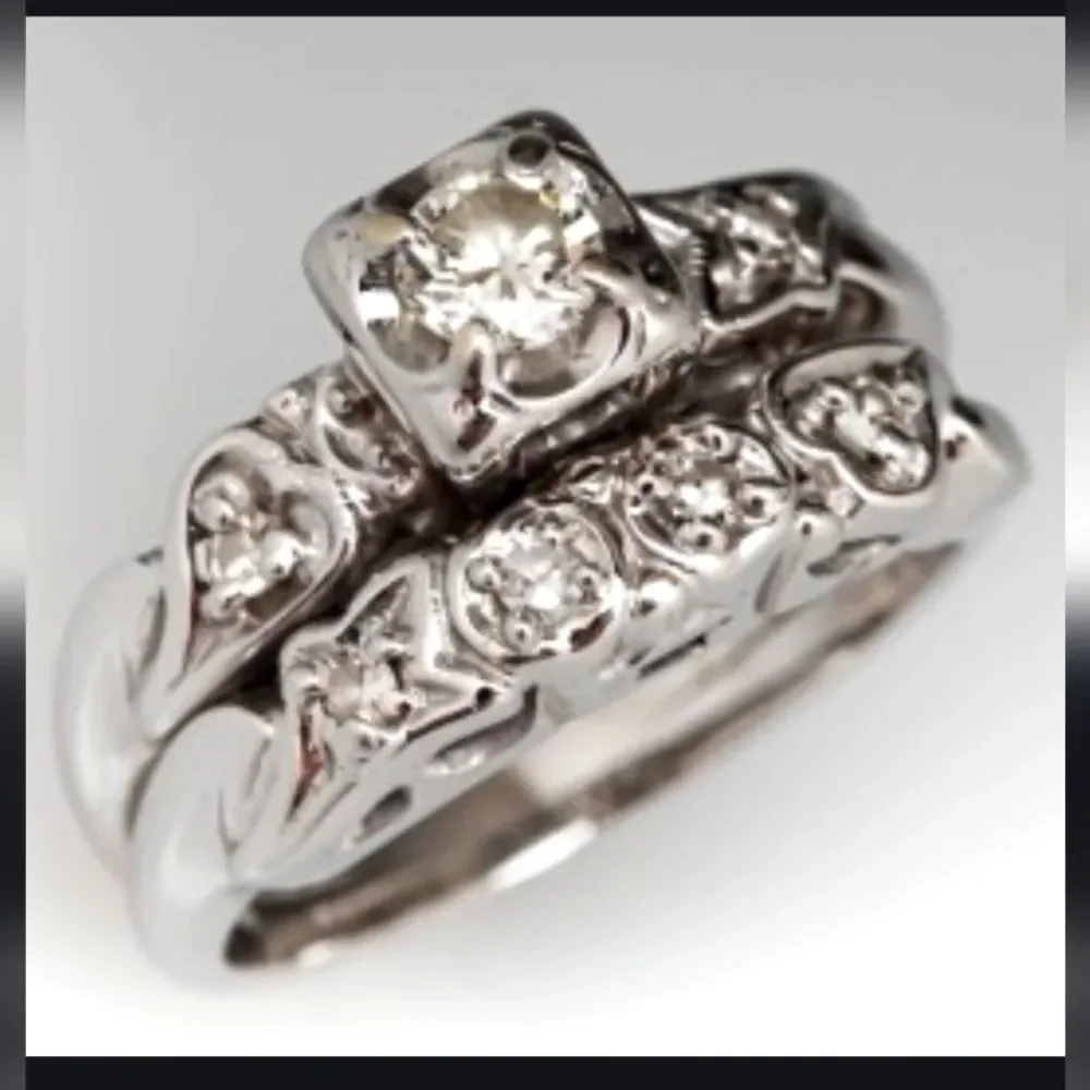 Antique Diamond Wedding Engagement Ring Set
